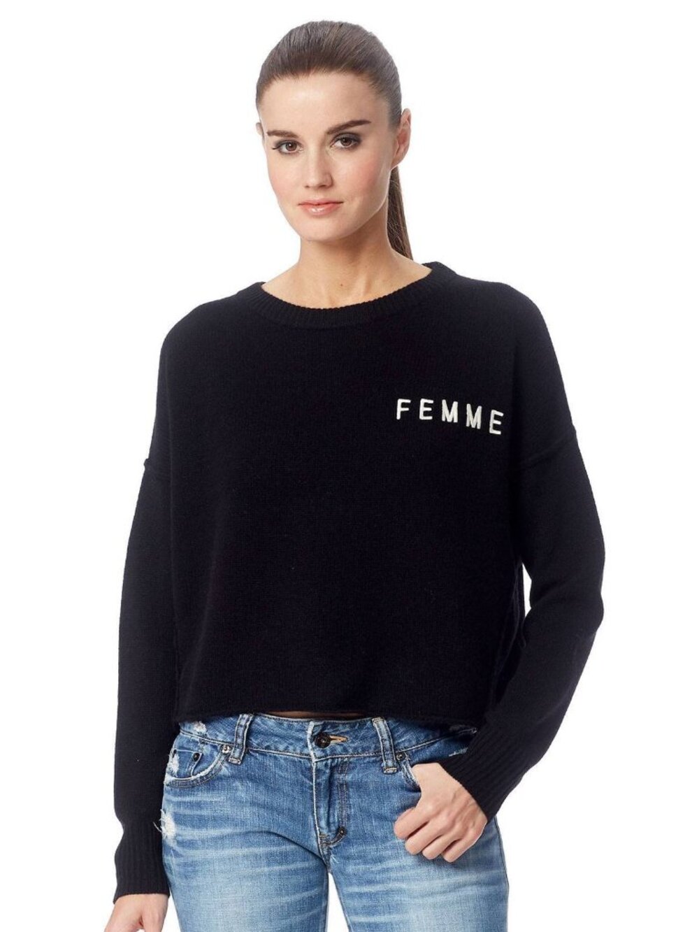 360CASHMERE Black 100% Cashmere Knit Embroidered FEMME Oversized Sweater, Size L